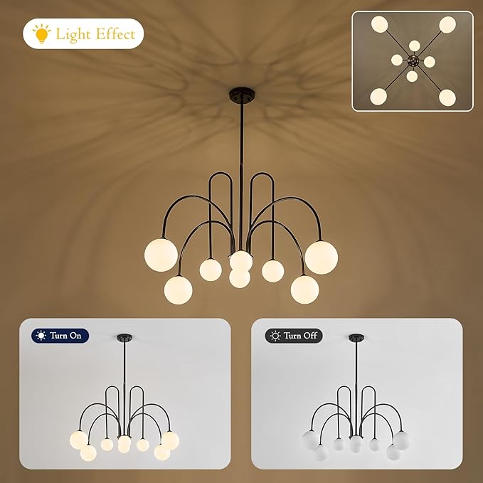 Modern Sputnik Chandelier 8 Lights Large Luxury L41” Mid Century Milk Glass Globe Ceiling Pendant Light Fixture Black Chandeliers for Foyer Staircase Living Dining Room Kitchen