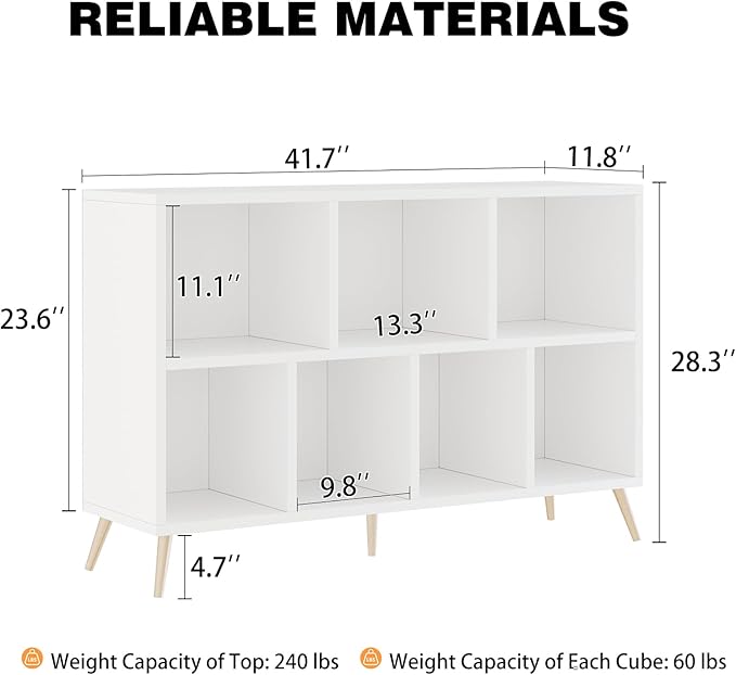 7-Cube Storage Organizer with Natural Wood Legs, Mid-Century Modern Bookcase and Display Cabinet, Freestanding Toy Storage Bookshelf for Living Room, Kids Room and Bedroom, White