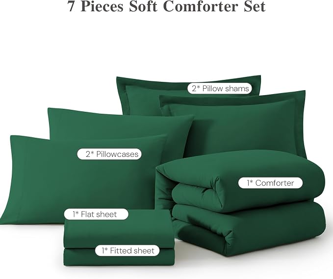 WRENSONGE King Size Comforter Set- 7 Pieces Soft Emerald Green Bed in a Bag King with Fitted Sheet, Flat Sheet, 2 Pillow Shams, and 2 Pillowcases-Warm King Bedding Set for All Season