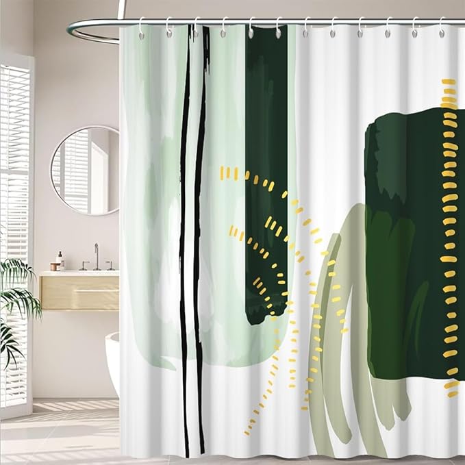 Abstract Geometric Shower Curtain for Bathroom Modern Minimalist Neutral Bathroom Decor Set Green Chic Boho Bathtub Curtain for Hotel Machine Washable Waterproof Polyester Fabric with Hooks 72x84 Inch