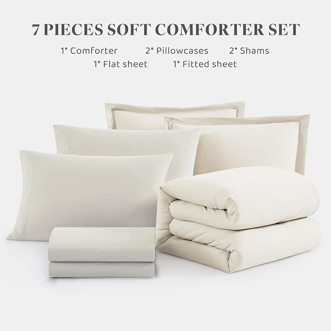 WRENSONGE Full Size Comforter Set- 7 Pieces White Bed in a Bag Full Size Comforter with Fitted Sheet, Flat Sheet, 2 Pillow Shams, 2 Pillowcases, Warm Bedding Sets for All Season