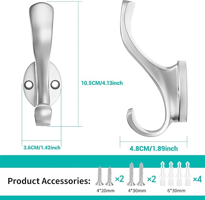Coat Hooks Heavy Duty - Easy to Install Metal Towel Hooks Fashionable Wall Hooks for Hanging Hat, Towel, Key, Robe, Scarf, Bag, Cap (4 PCS Silver)