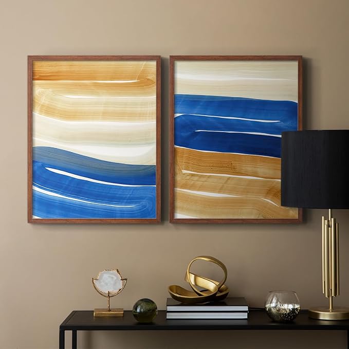 Renditions Gallery Set of 2 Peel & Stick Framed Prints, Abstract Wall Art, Blue and Gold Wave Textured Background Wall Decor, Re-Stickable - Ready to Hang - 11"x14" - Walnut Frame LT588