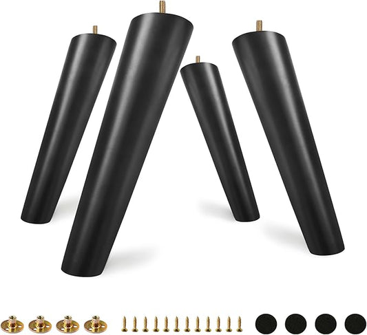 FoDau770 Black Rubber Wood Furniture Legs 8 Inches, Slant Tapered Wood Feet Mid Century Sofa Legs Set of 4, 5/16" UNC Furniture Feet Replacement Parts for Cabinet Couch Dresser Chair Ottoman Table