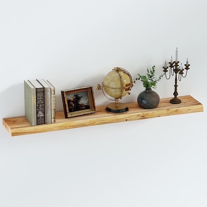 SAUMONIERES Live Edge Floating Shelves for Bedroom Living Room Wall Mounted Storage Long Natural Elm Wood Shelf Large Heavy Duty 8 Inch Deep, 48 inch Set of 1 Narutal Floating Shelf