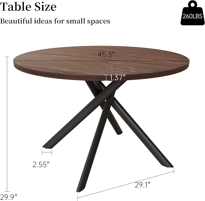 HIPIHOM 45.3 Inch Modern Round Dining Table for 4, Space-Saving Dinette with Carbon Steel Legs for Home Kitchen Apartment(Dark Walnut Table)