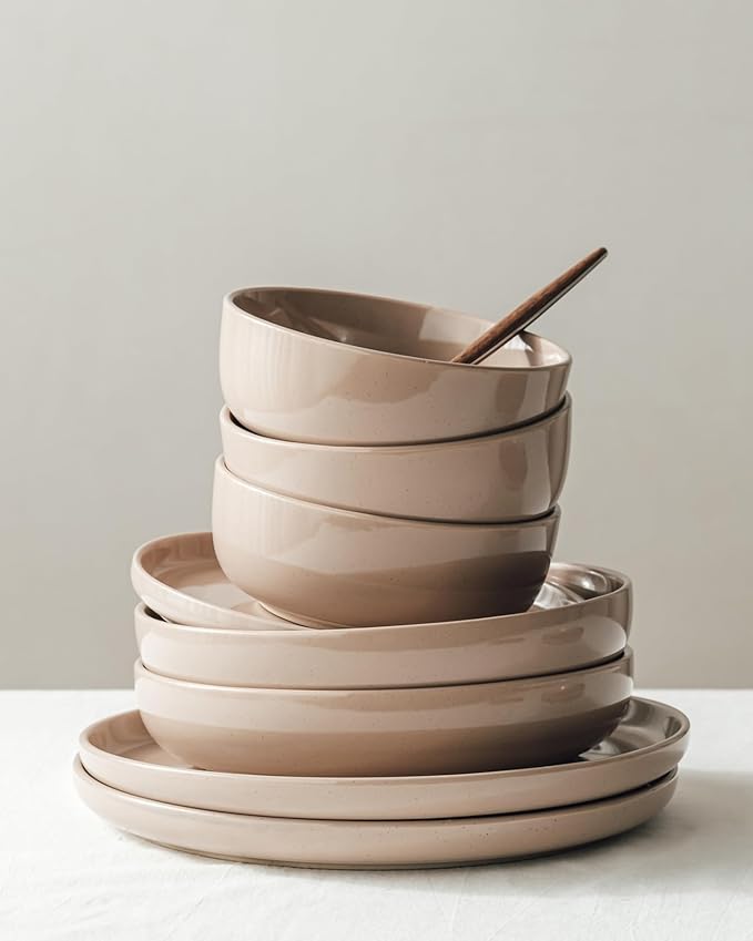 Famiware Milkyway Stoneware Dinnerware Sets with Pasta Bowls, Service for 4 (16 Pieces), Plates and Bowls Sets -Scratch Resistant, Microwave and Dishwasher Safe Dishes Set, Cinnamon Brown