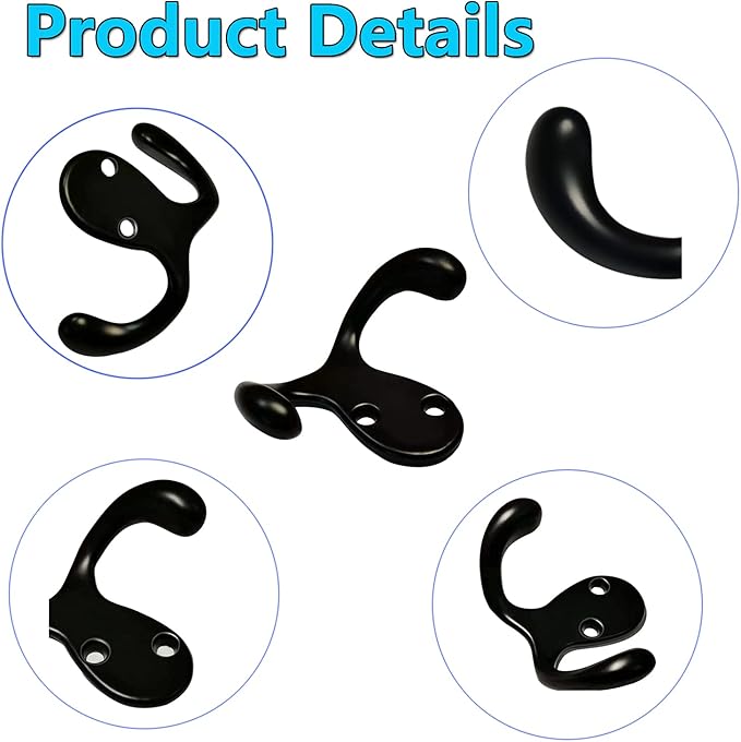 3 Pack Black Double Prong Coats Towel Hooks For Bathrooms Wall Mounted Shower Rustproof, 1.37 Oz Retro Wall Hooks Heavy Duty Hanging Towels Coat Hat Loofah Robe Key Scarf Bag Cap Kitchen Accessories