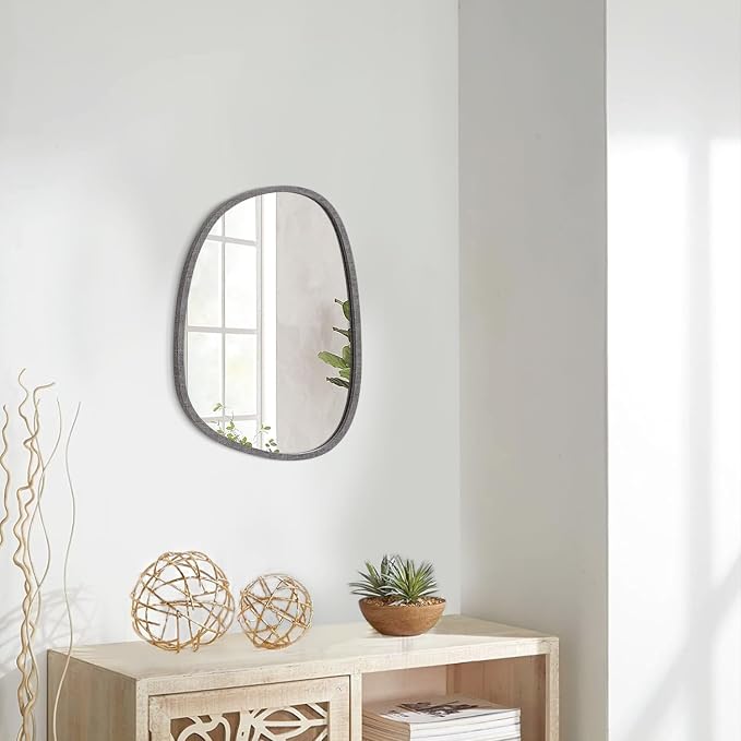 Asymmetrical Mirror for Wall Irregular Small Wall Mirror Oval Modern Wood Frame Unique Shape Mirror Wall Mounted Vanity Artistic Mirror Decorative for Living Room Bedroom Bathroom Entryway Hallway
