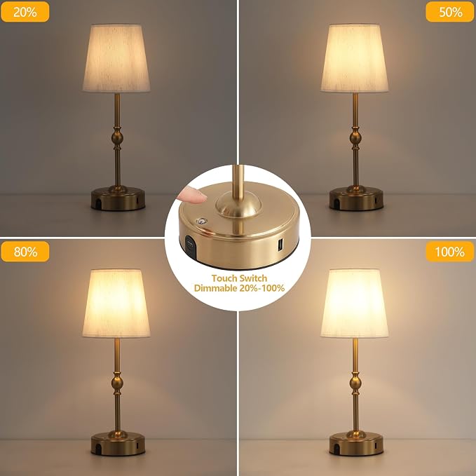 MEIXISUE Cordless Rechargeable LED Table Lamp with Dimmer,Nightstand Lamp with USB Port,Antique Brass Portables Outdoor Lamp, Battery Operated Lamp for Patio Bedroom Bedside Balcony Camping Bar RV