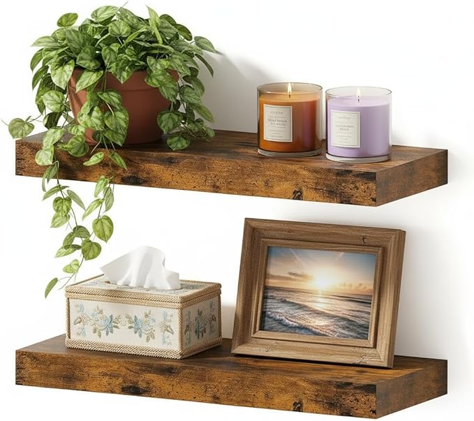Vivelove Floating Shelves for Wall 16 inchs Long, Bathroom Shelves Over Toilet, for Bedroom, Living Room, Kitchen, Farmhouse Decor, Rustic Wall Shelves with Invisible Brackets - Set of 2, Rustic Brown