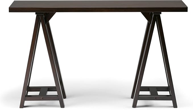 SIMPLIHOME Sawhorse Console Table - 50 Inch Wide Solid Wood Sofa Table in Dark Chestnut Brown, Modern Industrial Entryway Table for Living Room with Extra Thick Top and Sawhorse Legs