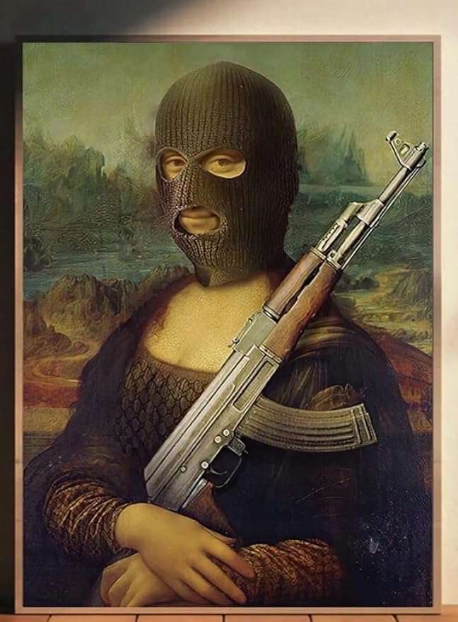 Wood Framed Funny Mona Lisa Wall Art, Vintage Gangster Portrait Canvas Print, Retro Satirical Painting Poster, Edgy Street Style Picture Wall Decor for Living Room Bedroom Office 12x16 Inches