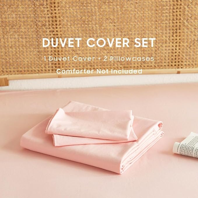 Wake In Cloud - Cotton Duvet Cover Set, 100% Washed Cotton, Linen Like Textured, Breathable Durable Comfy Farmhouse Neutral Bedding Set, 3 Pieces, Pink, Twin/Twin XL Size
