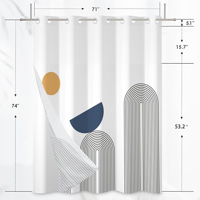 No Hook Boho Shower Curtain with Snap in Liner Set White Mid Century Shower Curtain for Bathroom Hotel Style Washable Fabric 71x74 Inch