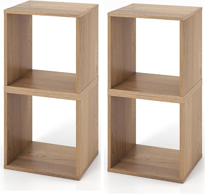Giantex 4 Cube Bookshelf Organizer, 2-Tier Stackable Cube Storage Organizer, Small Wooden Open Book Shelf with Anti-toppling Device, Wood Floor Standing Display Shelving Bookcase, Natural