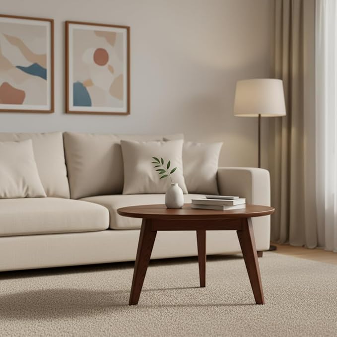 100% Solid Wood Round Coffee Table, Small Coffee Table w/Sturdy Legs, Wood Side Table for Bedroom Balcony Living Room (Walnut, 23.62" D x 13.78" H)