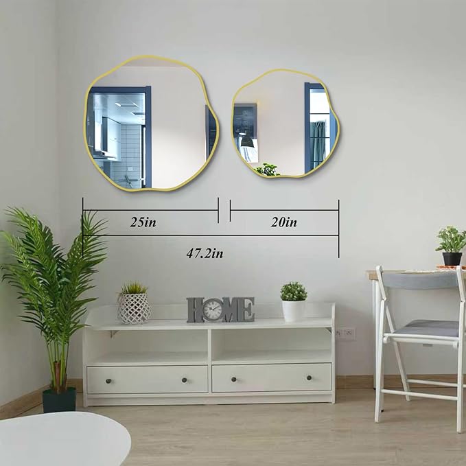 POZINO Asymmetrical Mirror, 25" Irregular Wall Mirrors, Gold Scalloped Rounded Mirror, Modern Frameless Abstract Mirrors for Bathroom Living Room Bedroom Entryway Fireplace