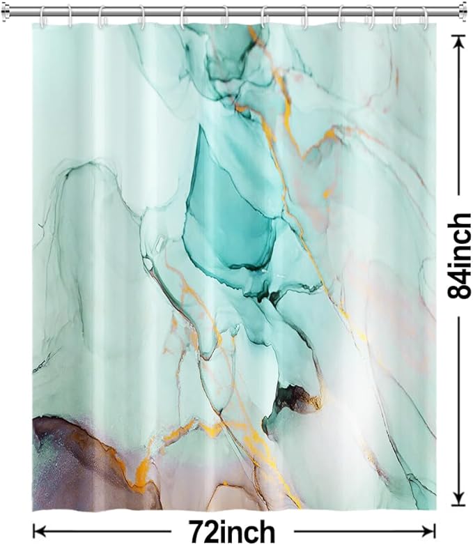 Turquoise Shower Curtain, Modern Teal Marble Shower Curtain for Bathroom Aesthetic Ink Texture Waterproof Shower Curtain Set with Hooks, 72x84 Inch
