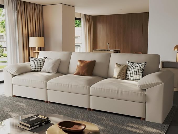 EASE MOOSE 3 Seater Deep Seat Sectional Sofa,Scratch Resistant Faux Leather Material, Oversized Modular Couch,Modern Comfy Sofas for Small Spaces, Beige