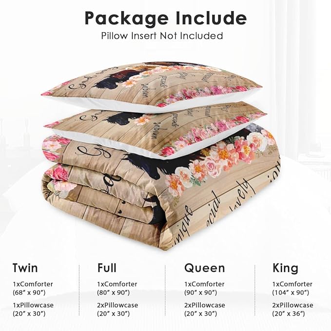 WeCozy Queen Size Comforter Set with 2 Pillowcases, Colorful Horses Animal Pink Flower 3 Pcs Bedding for Kids and Adults, Inspirational Thoughts Soft Comforter Set for Bedroom Bed Decor