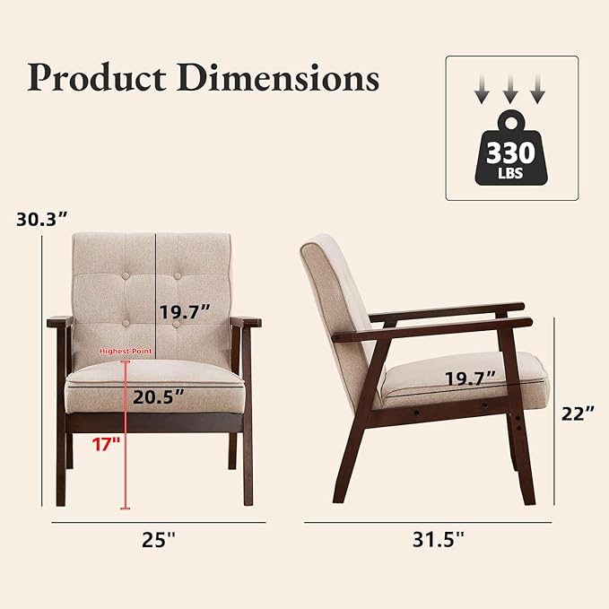 Bonzy Home Fabric Mid-Century Modern Accent Chair Set of 2, Upholstered Armchair with Solid Wood Frame, Reading Chair for Living Room, Bedroom