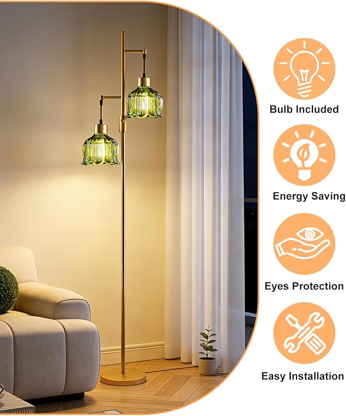 2-Light Modern Glass Floor Lamp, Gold Tall Standing Lamp with Green Flower Glass Shade for Reading, Dimmable LED Floor Lamp with 5Lbs Heavy Base for Living Room Bedroom Home Decor, Bulb Included