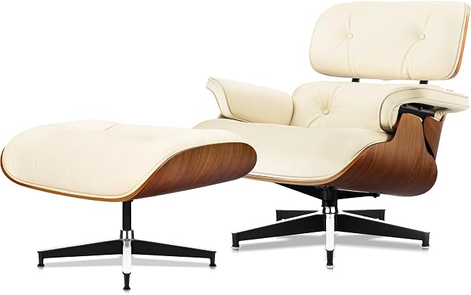 Top Cream White Grain Leather, Mid Century Chaise Lounge Chair and Ottoman, Modern Chair Classic Design, Walnut Wood, Heavy Duty Base Support for Living Room Office