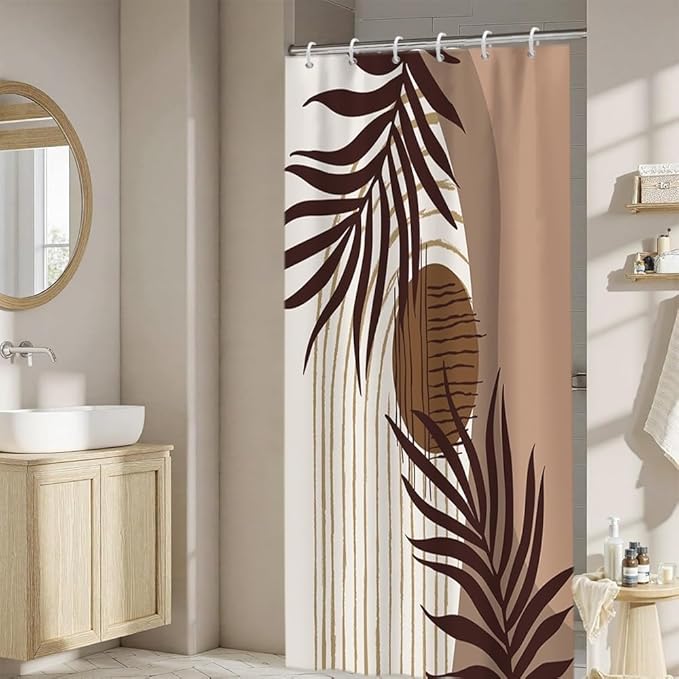 Modern Bohemia Shower Curtain for Bathroom Brown Abstract Minimalist Bathroom Set Decor Stripes Arch Sun Palm Leaves Chic Aesthetic Washable Waterproof Polyester Fabric with Hooks 36x72 Inch