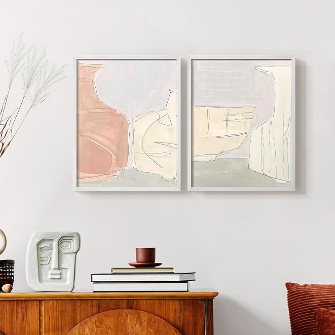 Renditions Gallery Set of 2 Peel & Stick Framed Prints, Neutral Abstract Wall Art, Soft Tones Delicate Linework Wall Decor, Re-Stickable - Ready to Hang - 8"x10" - White Frame LT588