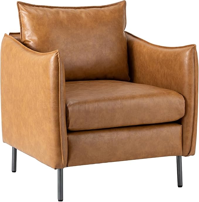 HULALA HOME Leather Armchair, Modern Faux Leather Accent Armchair Upholstered Living Room Chairs with Moveable Cushion for Living Room, Office, Reading, Customer Reception, Camel