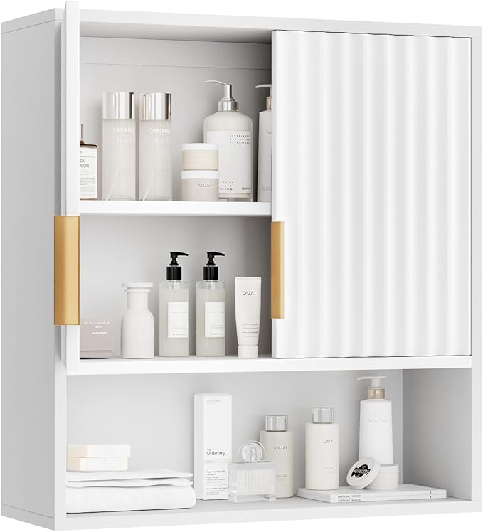 VINGLI White Bathroom Wall Cabinet, Modern Fluted Medicine Cabinet with Gold Handles, Wall Mounted Storage Over Toilet with Adjustable Shelf, Soft Close Hanging Organizer for Kitchen, Laundry Room