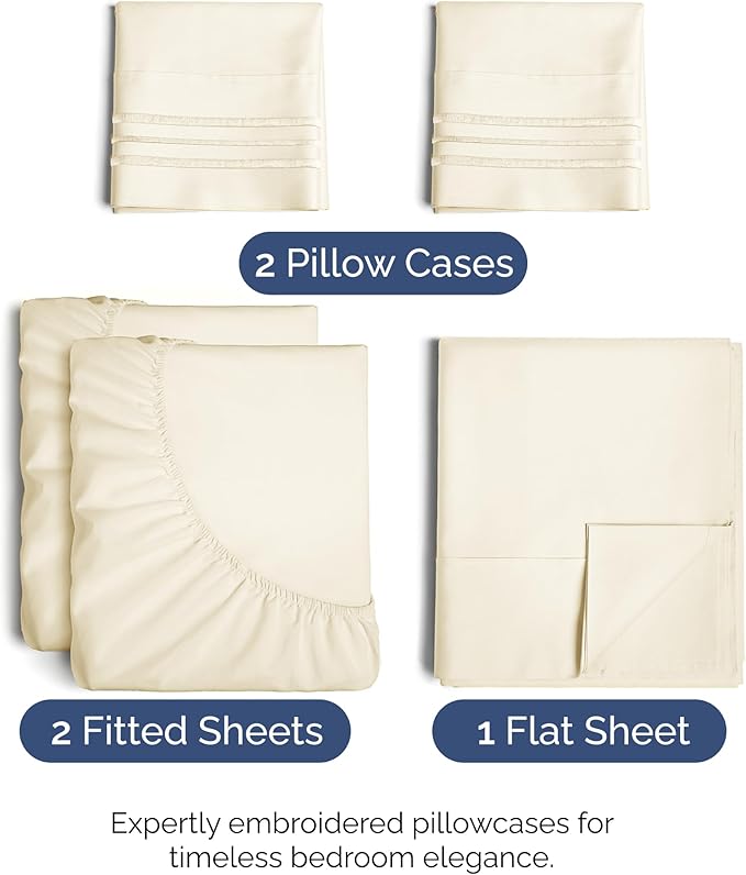 Split King Size 5 Piece Sheet Set - Comfy Breathable & Cooling Sheets - Hotel Luxury Bed Sheets for Women & Men - Deep Pockets, Easy-Fit, Soft & Wrinkle Free Sheets - Off White Oeko-Tex Bed Sheet Set