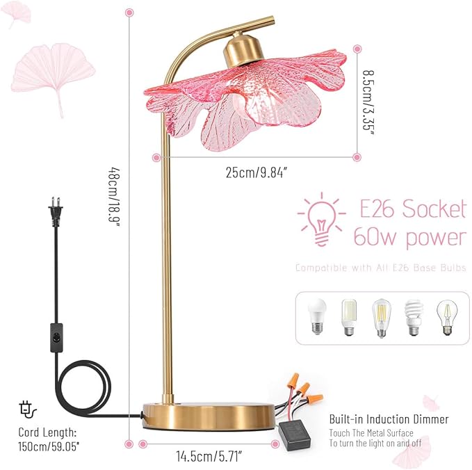 Pink Glass Table Lamps Mid Century Modern Table lamp Gold Desk lamp Tall Table Lamp Touch Nightstand Lamp with Flower Design Bedside Table Lamp for End Table Side Living Room Girl's Room