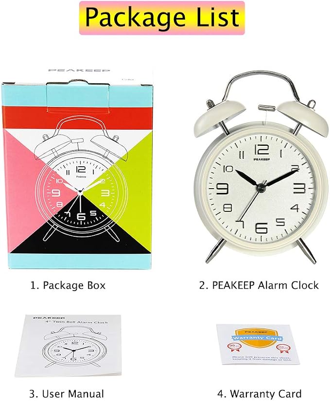 Peakeep 4 Inches Twin Bell Loud Alarm Clock for Heavy Sleepers, Backlight, Battery Operated Old Fashioned Alarm Clock for Bedrooms (3D-Dial, White)