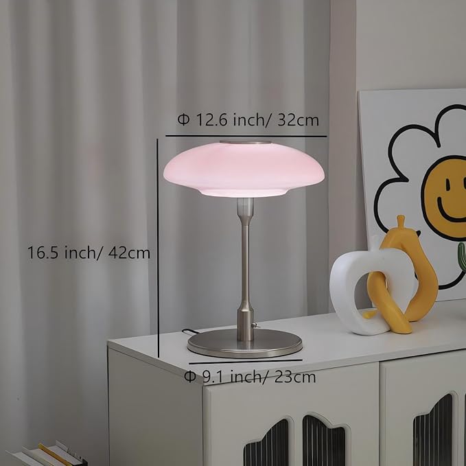 Table Lamp, Metal and Glass Modern Bedside Lamp, Decorative Table Light, Table Lamp for Living Room Bedroom Study Room, 12.6 * 16.5 Inch, Chrome & Pink
