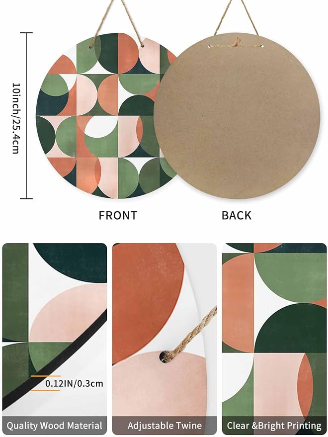 Welcome Sign for Front Door Mid Century Geometric Wood Door Hanger for Outdoor Outside Porch,10 Inch Round Wooden Wreath Indoor Wall Hanging Decoration, Abstract Modern Green Orange
