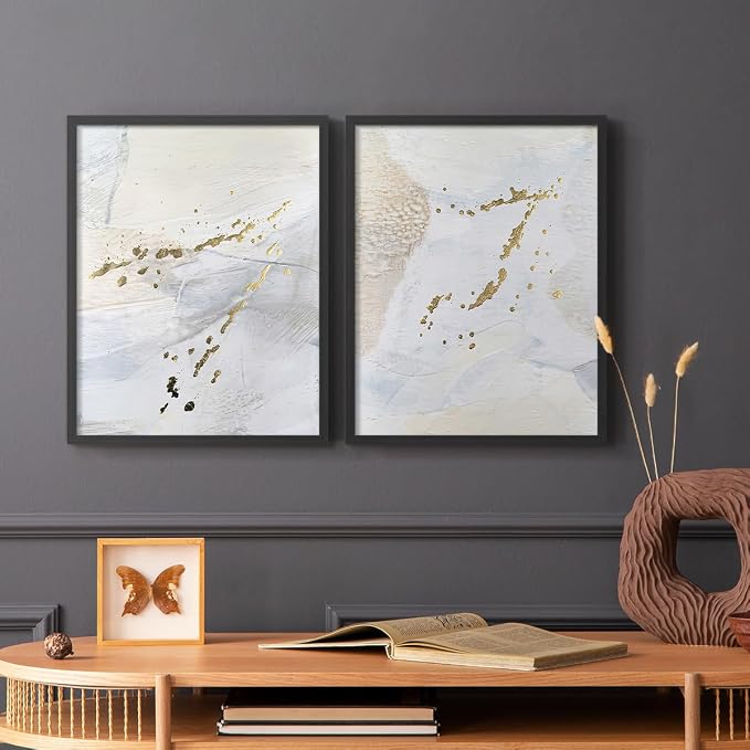 Renditions Gallery Set of 2 Peel & Stick Framed Prints, Modern Abstract Wall Art, Gold Sprinkle Oil Painting Wall Decor, Re-Stickable - Ready to Hang - 22"x28" - Black Frame LT588