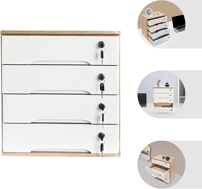 Desktop File Organizer with Lock, 2/3/4 Tier Multi-Drawer Wooden Storage Cabinet, Office Supply Organizer for Home Desk, Study & Workplace (Natural + White, 4 Layers)