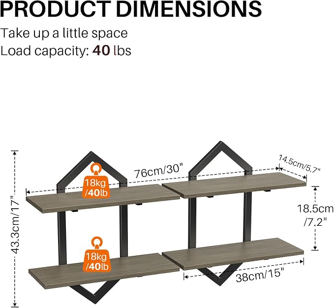 Floating Shelves, Set of 2 Wall Shelf, Wall Mounted Decorative Shelves, 2-Tier Modern Geometric Hanging Storage Shelf for Living Room, Bedroom, Kitchen, Office, Study (Greige + Black)