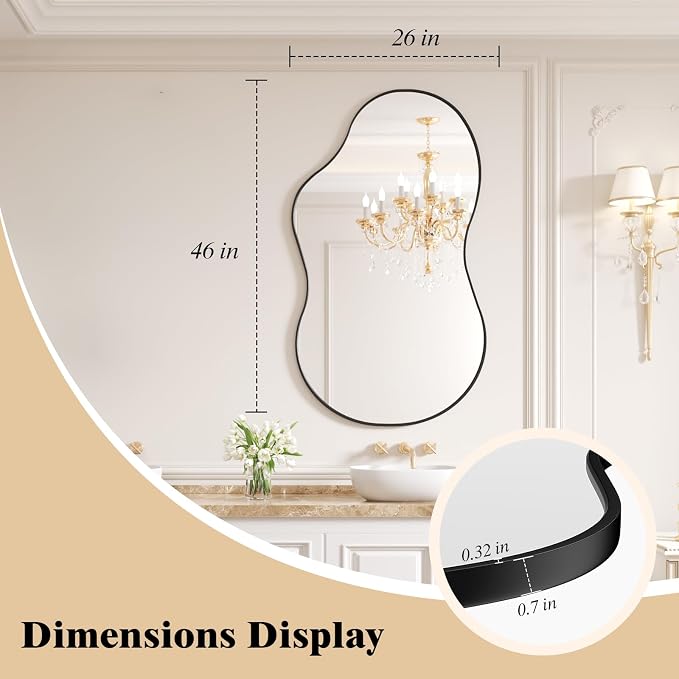 WEER Irregular Wall Mirror, 26x46 inch Black Asymmetrical Wall Mounted Decorative Mirror, Abstract Wavy Aluminum Alloy Frame for Bathroom, Bedroom, Living Room, Entryway