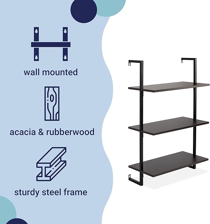 happimess MSH1000A Madera 40.55" Classic Industrial 3-Shelf Wood Wall-Mounted Open Ladder Bookcase with Metal Frame, Black