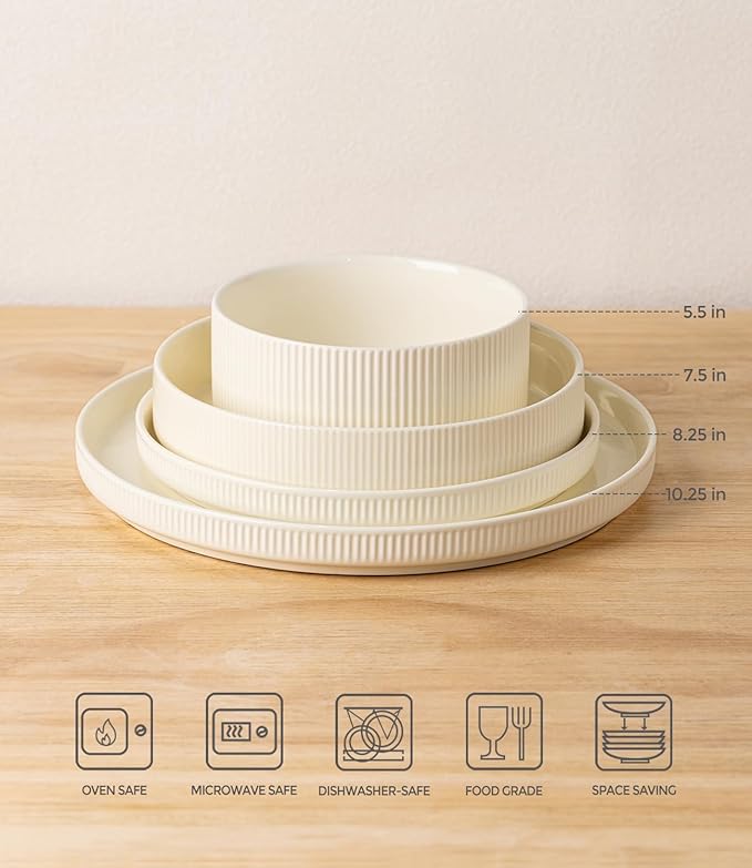 TheTerra Ceramic Dinnerware Sets with Pasta Bowls for 4, 16 Pieces Porcelain Lightweight Speckled Plates and Bowls Sets, Scratch Resistant Dish Set, Oven & Microwave & Dishwasher Safe, Beige