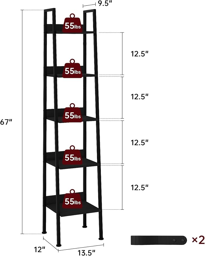 Ladder Shelf, 5 Tier Ladder Shelf, 13.5” Wide Tower Storage Shelf for Books, Anti Tip Feature, Steel Frame, Perfect for Bookshelf, Plants, Kitchen, Living Room, Office, Dark Gray