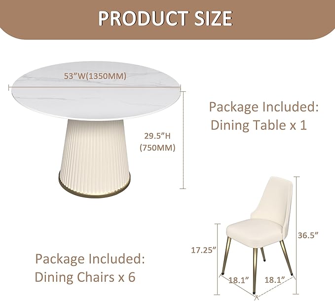 Leavader Modern Round Dining Table Set- 53" Sintered Stone Dining Table with Cream White Cylindrical Base, 7-Piece Marble Round Dining Room Set for Kitchen, Restaurant