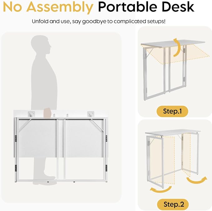 alawooder Folding Desk - 39.4” Wood Top Foldable Desk for Small Spaces | No Assembly Required Compact Desk for Home Office, Writing, and Study