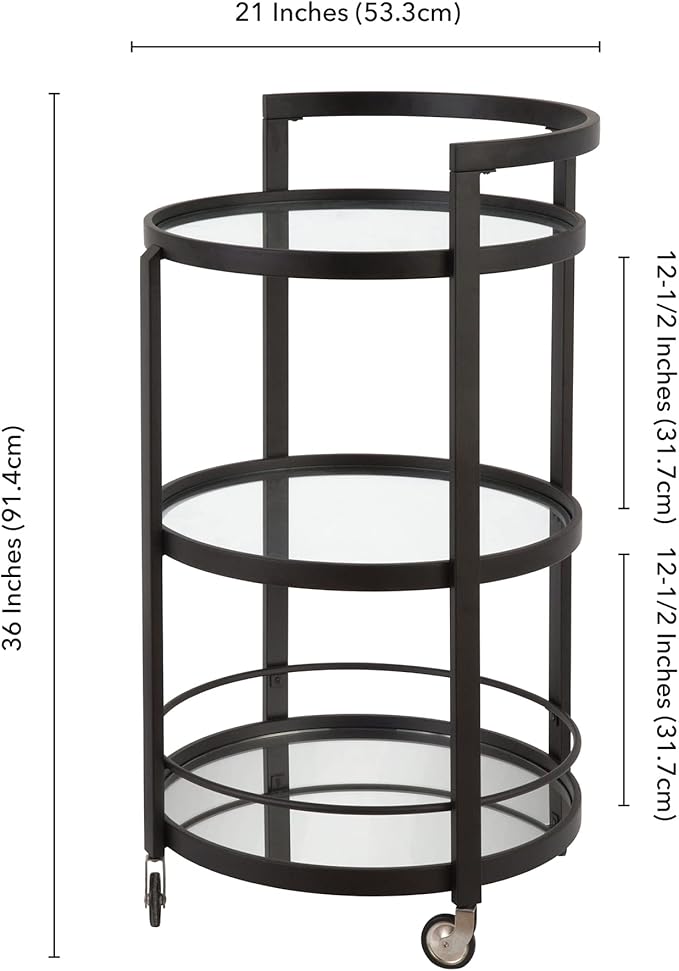 Henn&Hart 21" Modern Round 3-Tier Portable Bar Cart Home Bar Serving Cart for Home with Glass Shelves, Handle, and Caster Wheels for Dining Room, Living Room, or Kitchen, Black