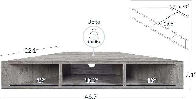 BELLEZE 47 Inch Modern Floating Wall Mounted Corner Shelf, TV Console with Three Shelves and A Cable Cutout, Space Saving Decorative Media Corner Storage - Russel (Gray Wash)