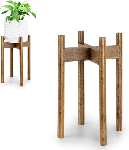 Fox & Fern Adjustable Tall Plant Stand Indoor — 8 to 12 Inch Mid Century Bamboo Plant Stand with Adjustable Width - Plug In Design - Easy to Assemble - Two Heights - For 8, 9, 10, 11 & 12 In Pots