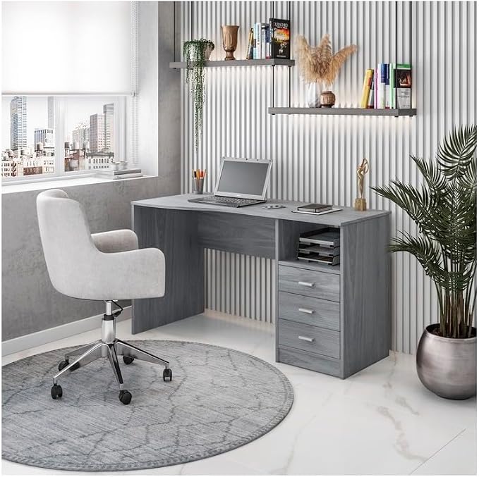 HomeStock Art Deco Dreams Classic Computer Desk with Multiple Drawers, Grey, Expansive Contoured Desktop, Three Drawers and Under Table Side Shelf for Storage, Heavy-Duty Particle Board